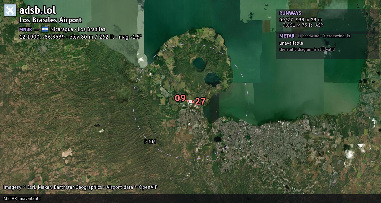 Satellite map with the runway layout of Los Brasiles Airport (MNBR)