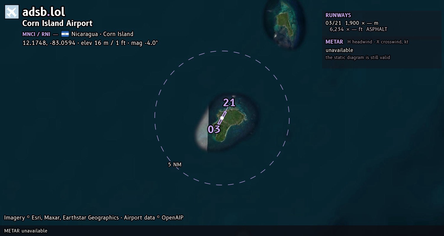 Satellite map with the runway layout of Corn Island Airport (MNCI)
