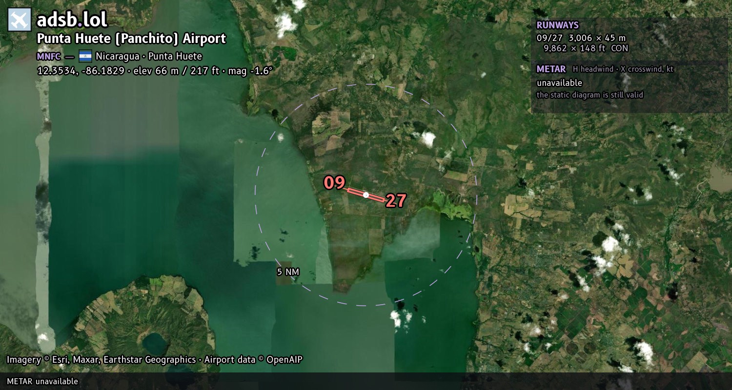 Satellite map with the runway layout of Punta Huete (Panchito) Airport (MNFC)