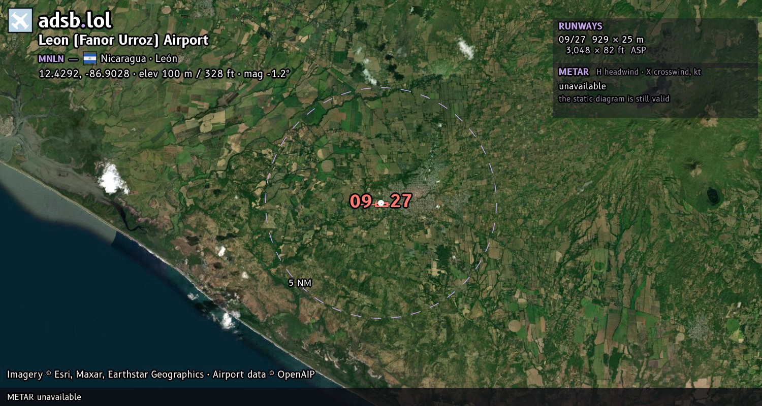 Satellite map with the runway layout of Leon (Fanor Urroz) Airport (MNLN)
