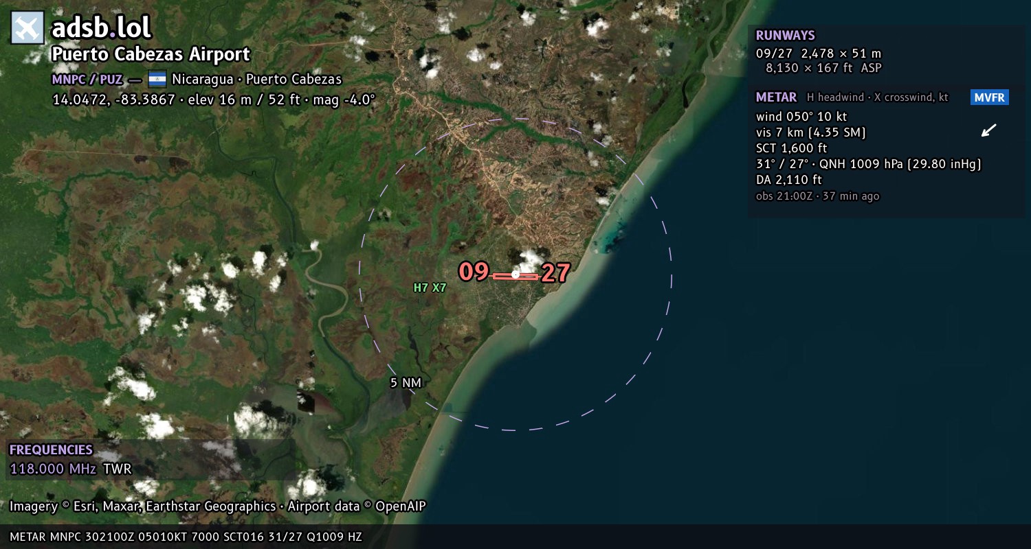 Satellite map with the runway layout of Puerto Cabezas Airport (MNPC)