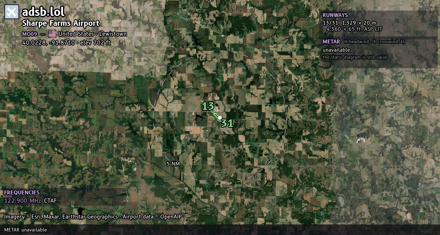 Satellite map with the runway layout of Sharpe Farms Airport (MO09)