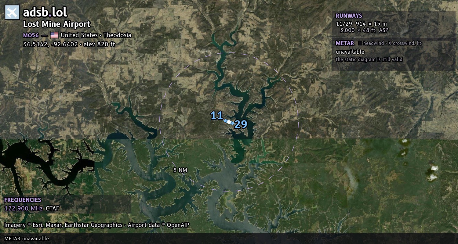 Satellite map with the runway layout of Lost Mine Airport (MO56)