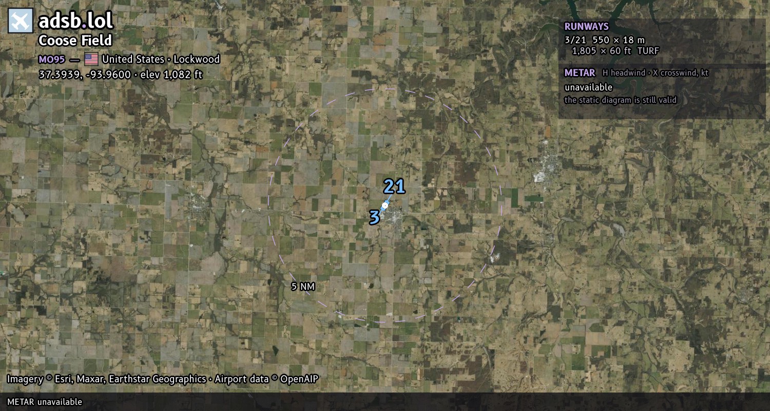 Satellite map with the runway layout of Coose Field (MO95)