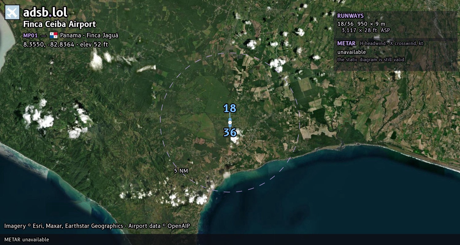 Satellite map with the runway layout of Finca Ceiba Airport (MP01)