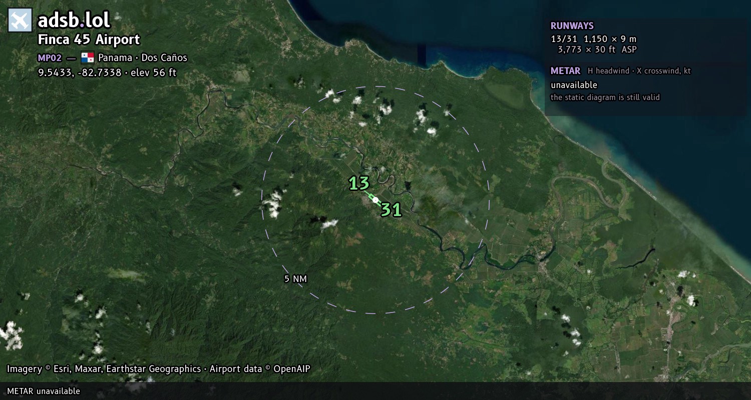 Satellite map with the runway layout of Finca 45 Airport (MP02)