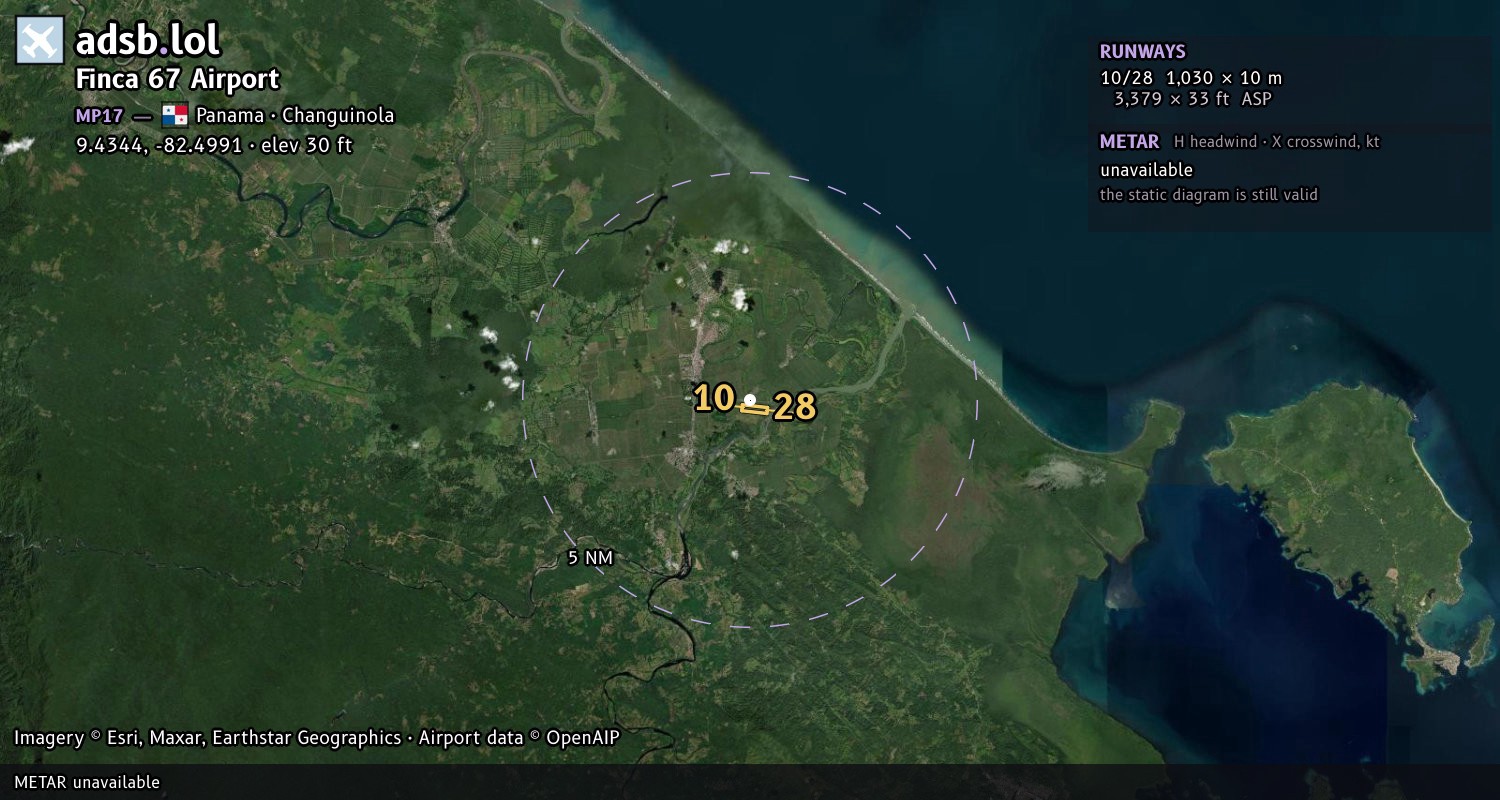 Satellite map with the runway layout of Finca 67 Airport (MP17)