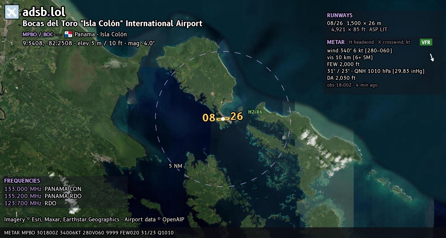 Satellite map with the runway layout of Bocas del Toro "Isla Colón" International Airport (MPBO)