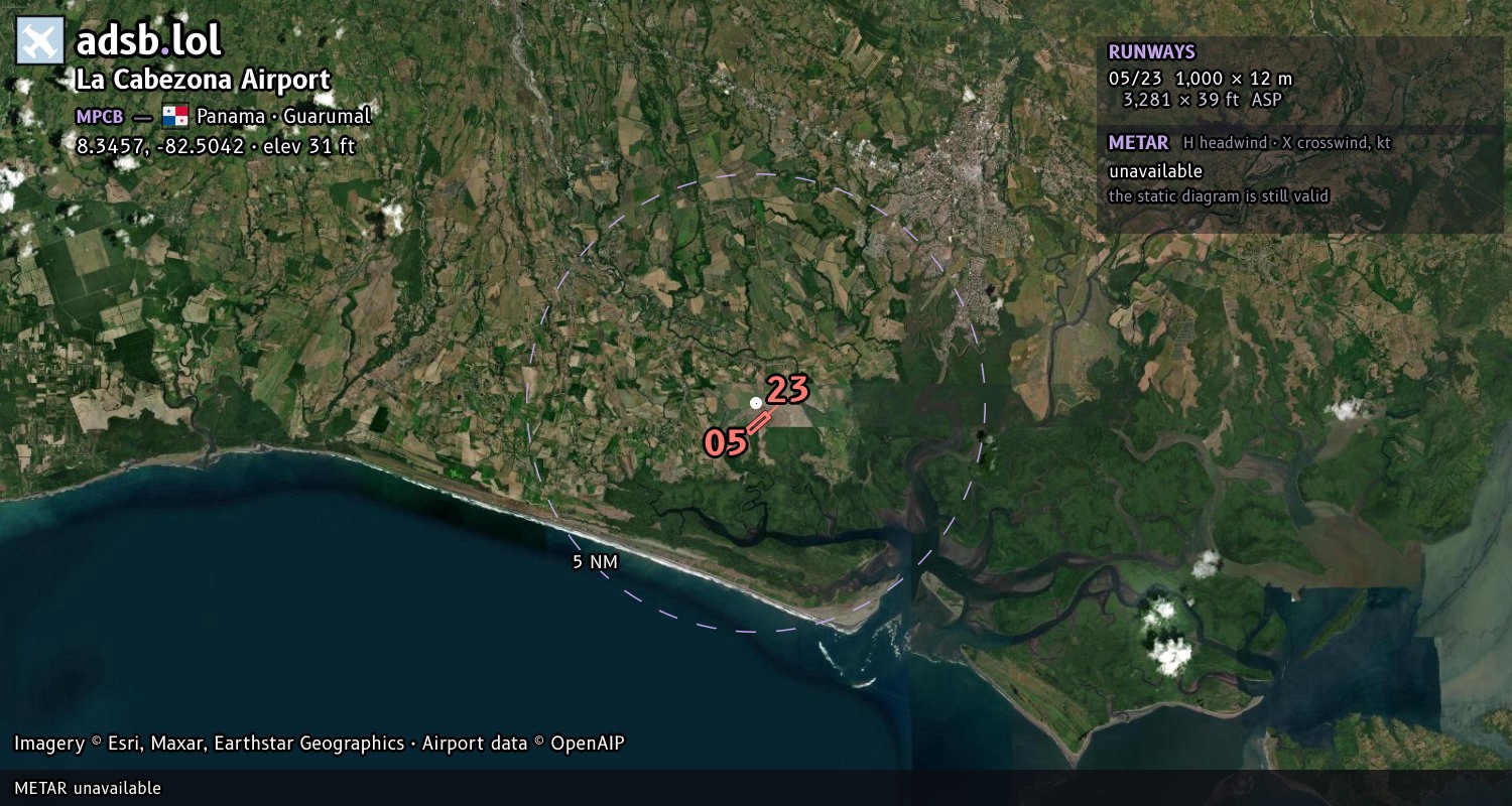 Satellite map with the runway layout of La Cabezona Airport (MPCB)