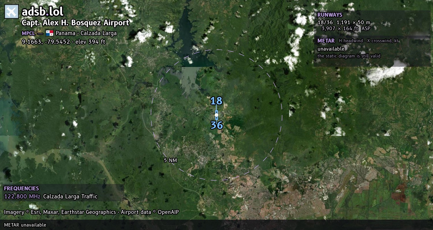 Satellite map with the runway layout of Capt. Alex H. Bosquez Airport (MPCL)