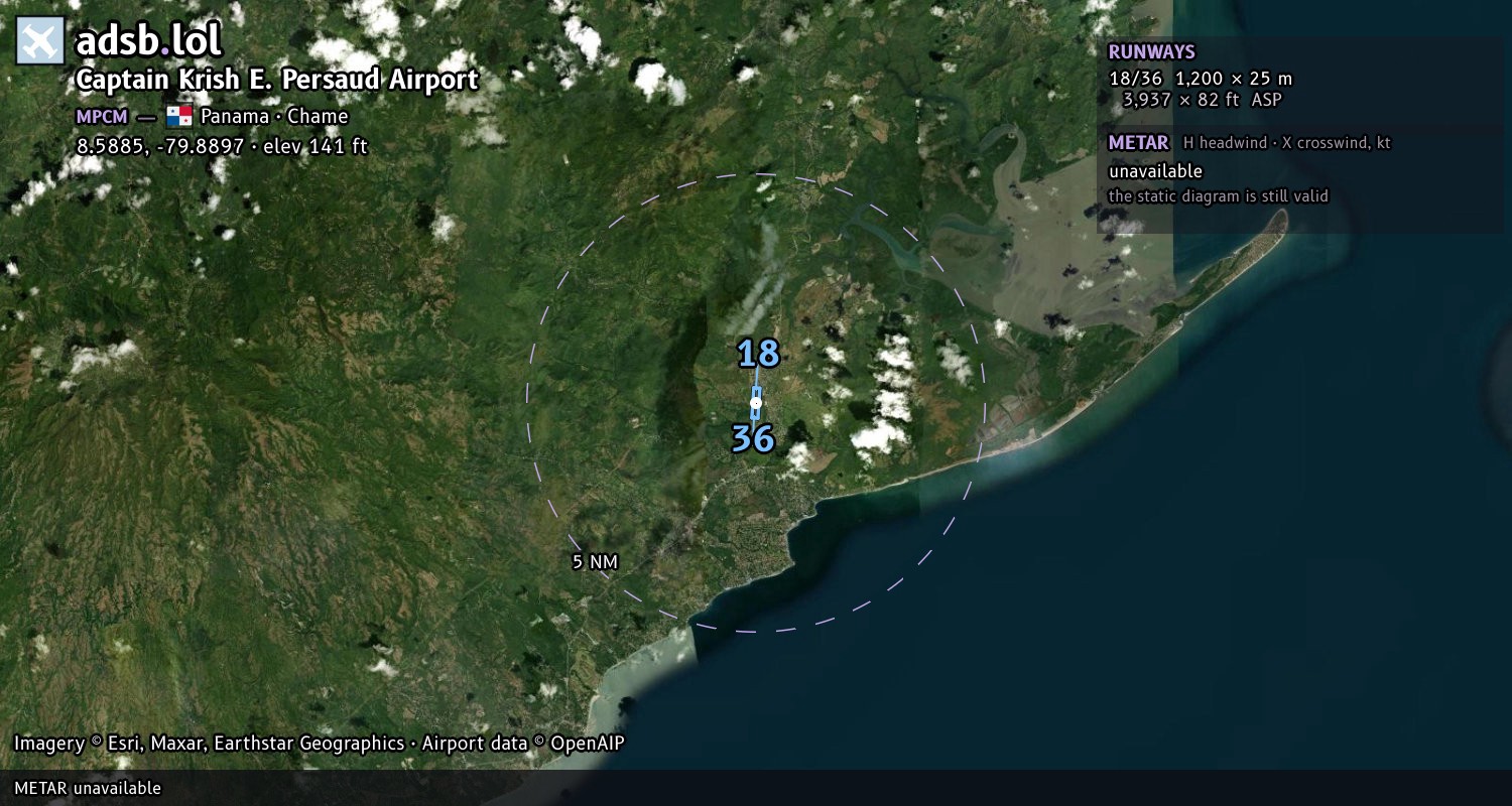 Satellite map with the runway layout of Captain Krish E. Persaud Airport (MPCM)