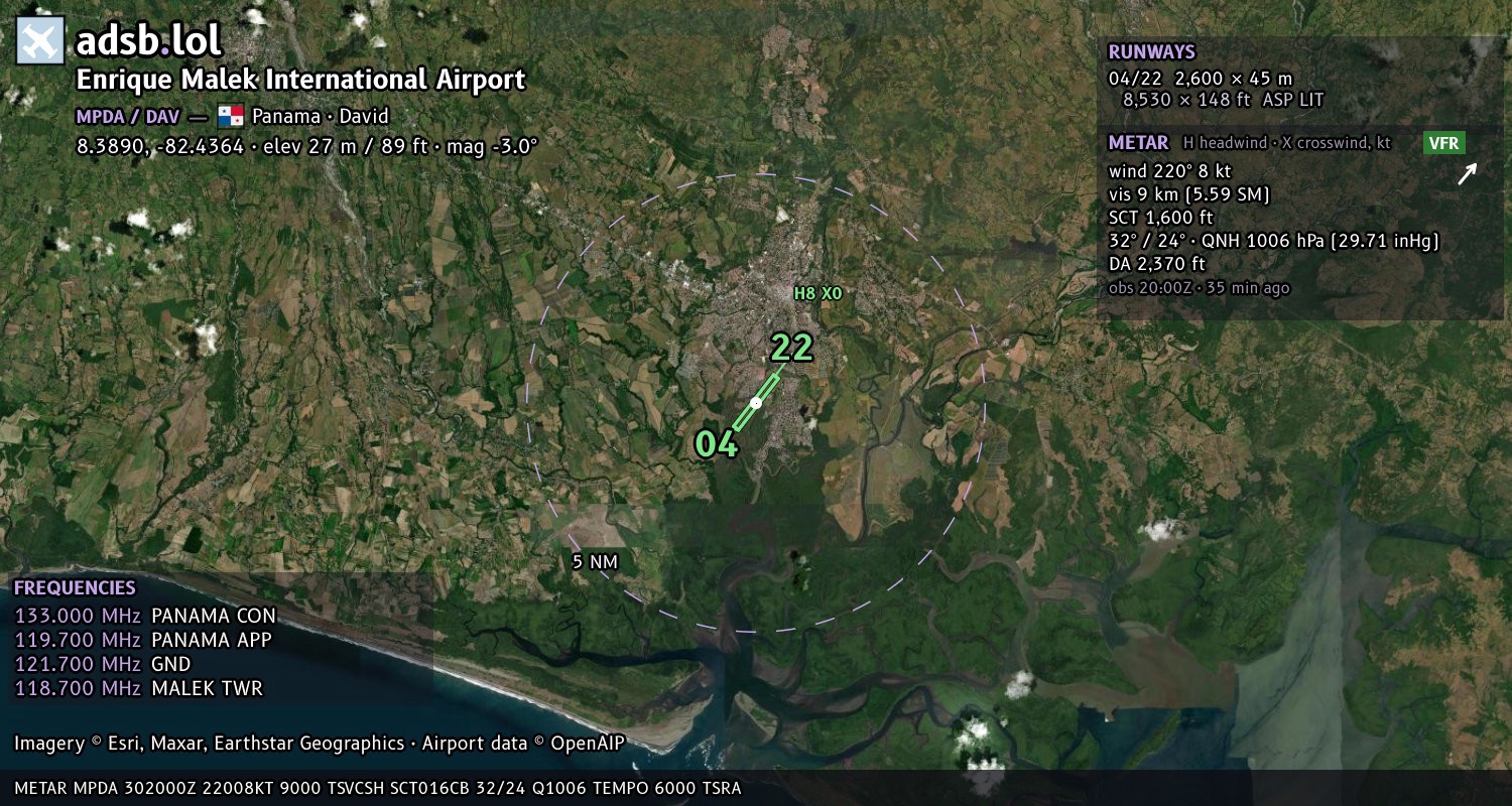 Satellite map with the runway layout of Enrique Malek International Airport (MPDA)