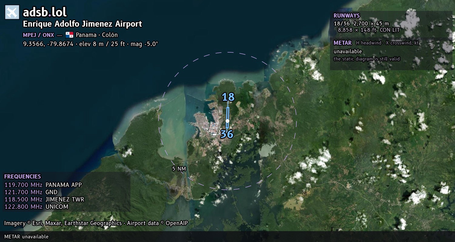 Satellite map with the runway layout of Enrique Adolfo Jimenez Airport (MPEJ)
