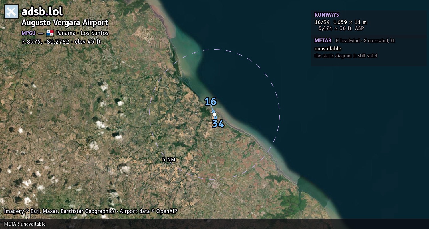 Satellite map with the runway layout of Augusto Vergara Airport (MPGU)