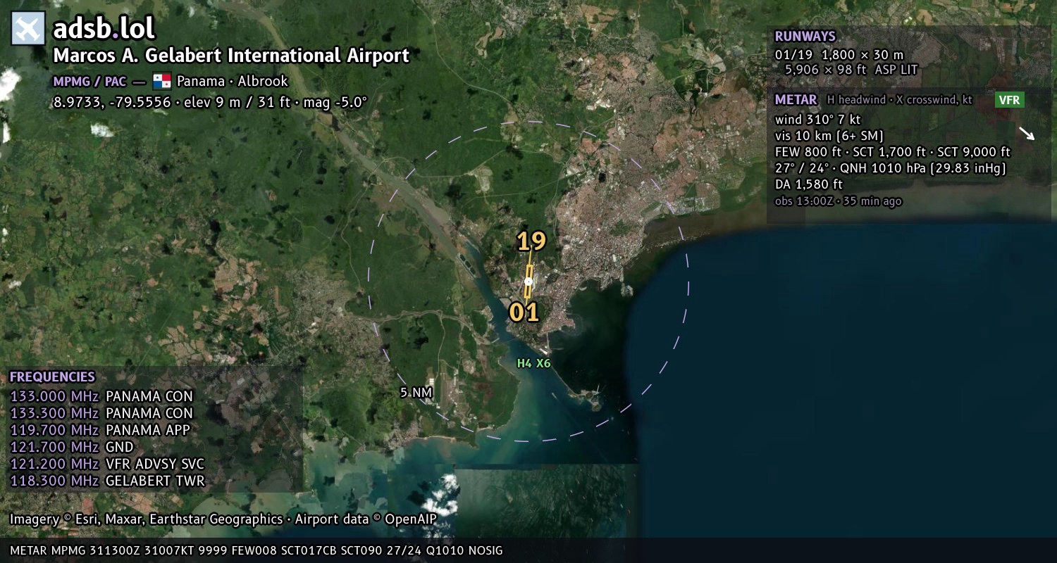 Satellite map with the runway layout of Marcos A. Gelabert International Airport (MPMG)