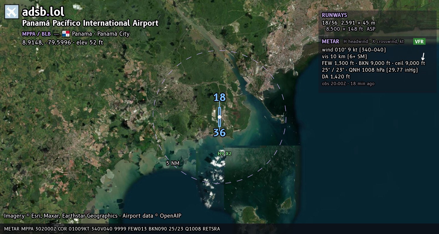 Satellite map with the runway layout of Panamá Pacífico International Airport (MPPA)