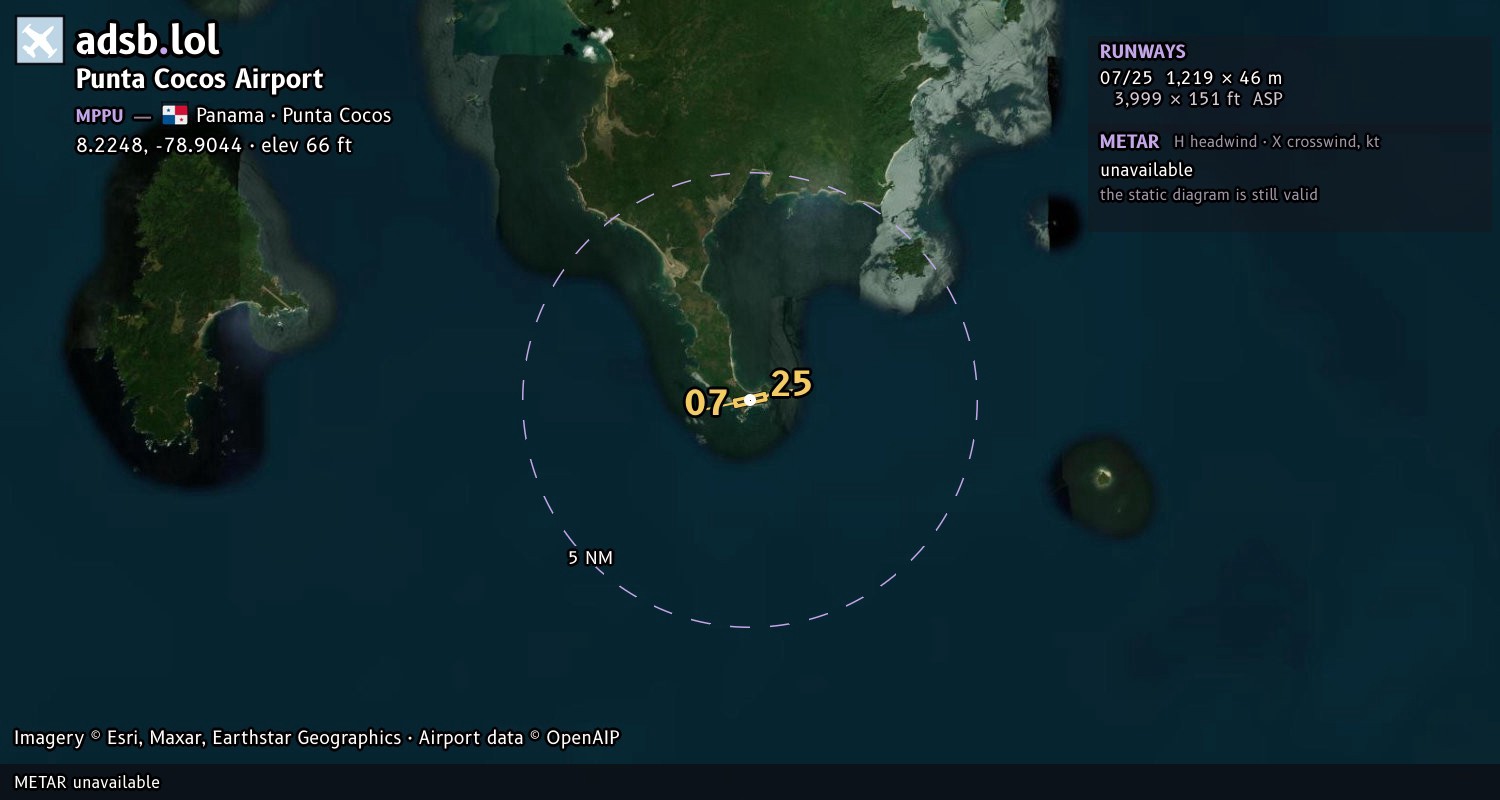 Satellite map with the runway layout of Punta Cocos Airport (MPPU)