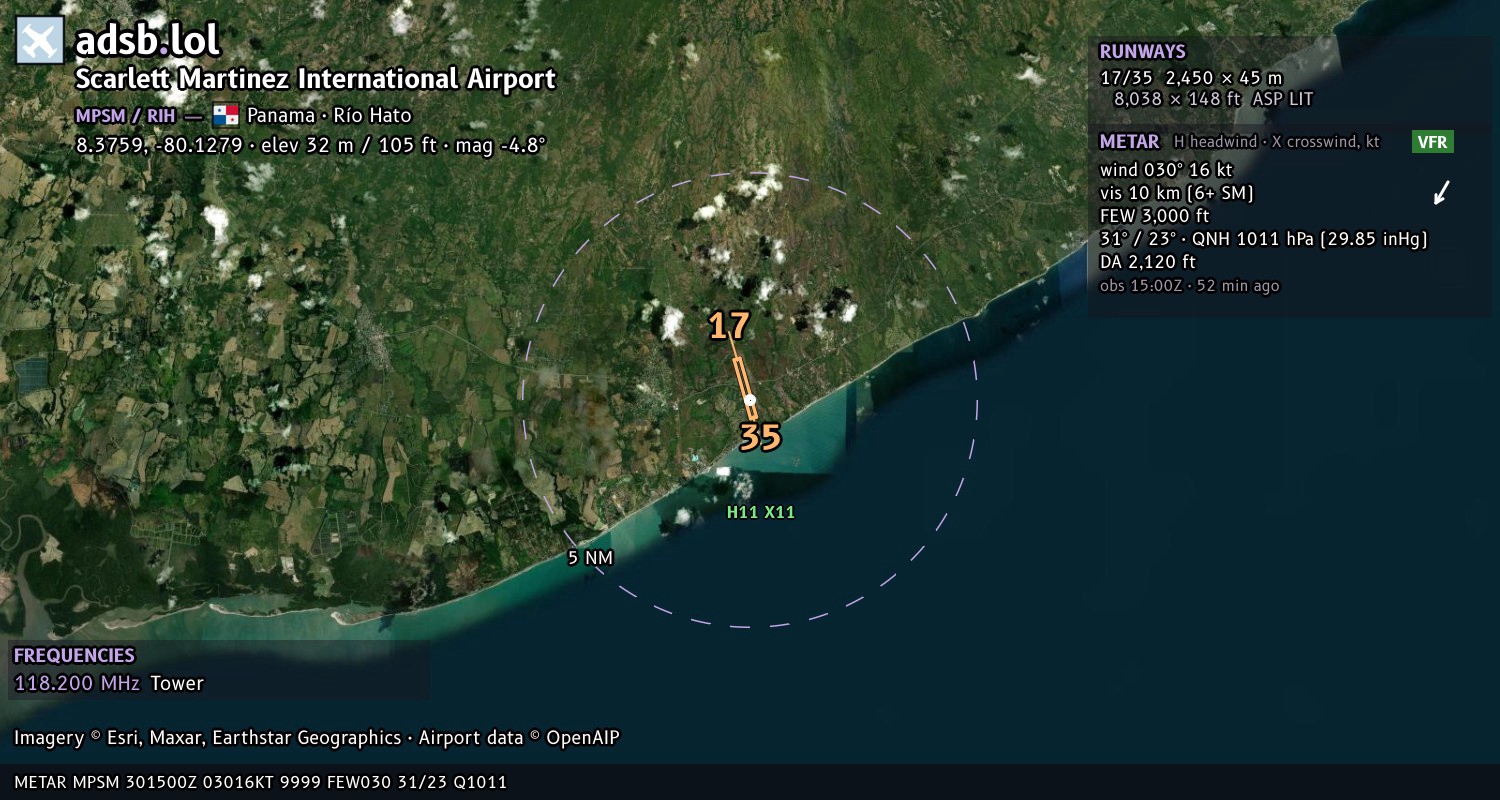 Satellite map with the runway layout of Scarlett Martinez International Airport (MPSM)