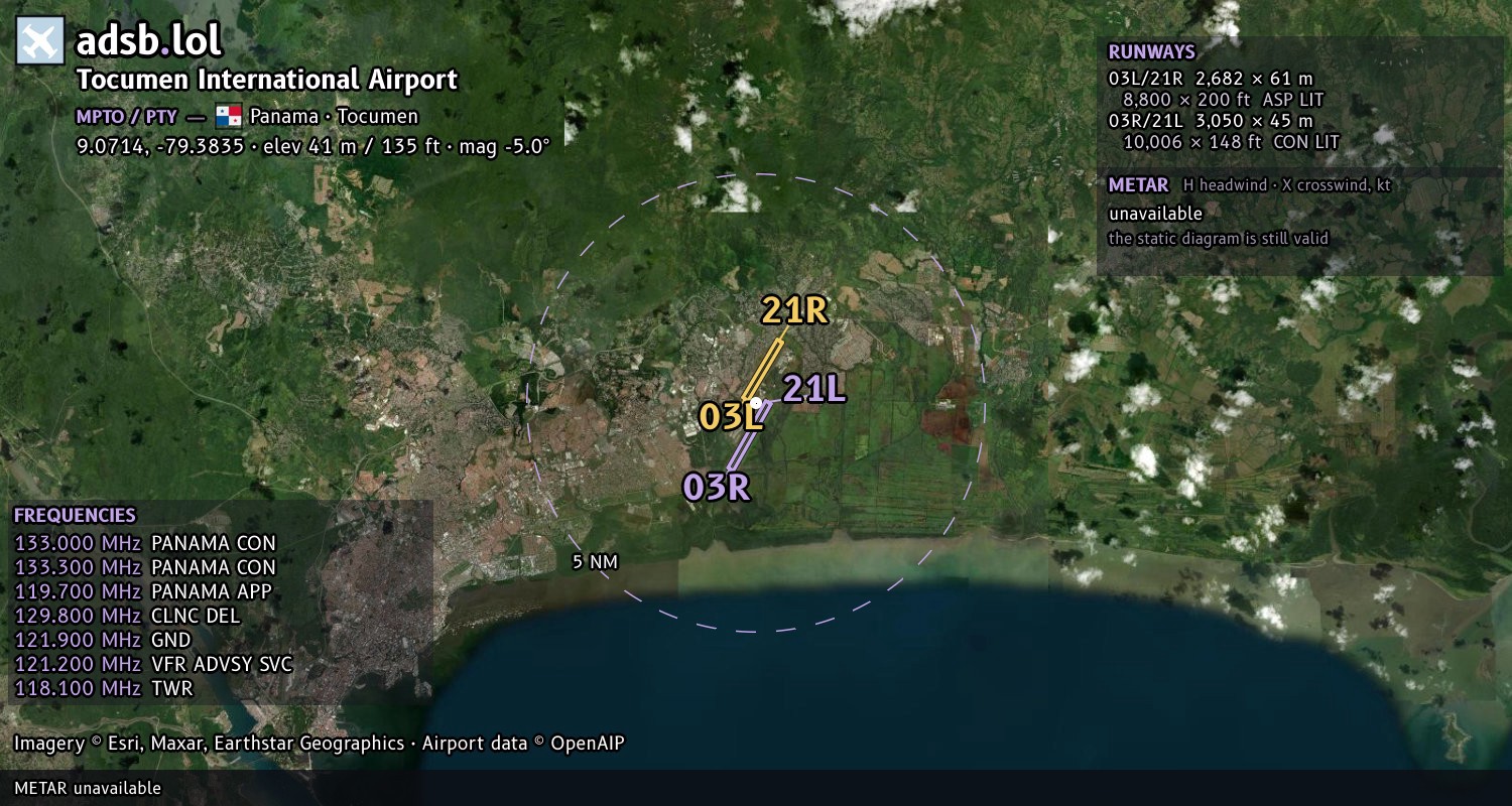 Satellite map with the runway layout of Tocumen International Airport (MPTO)