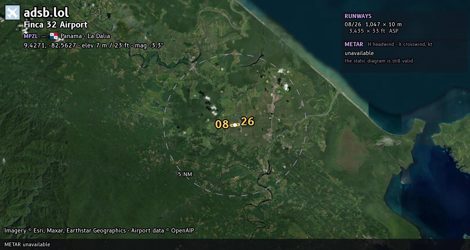 Satellite map with the runway layout of Finca 32 Airport (MPZL)