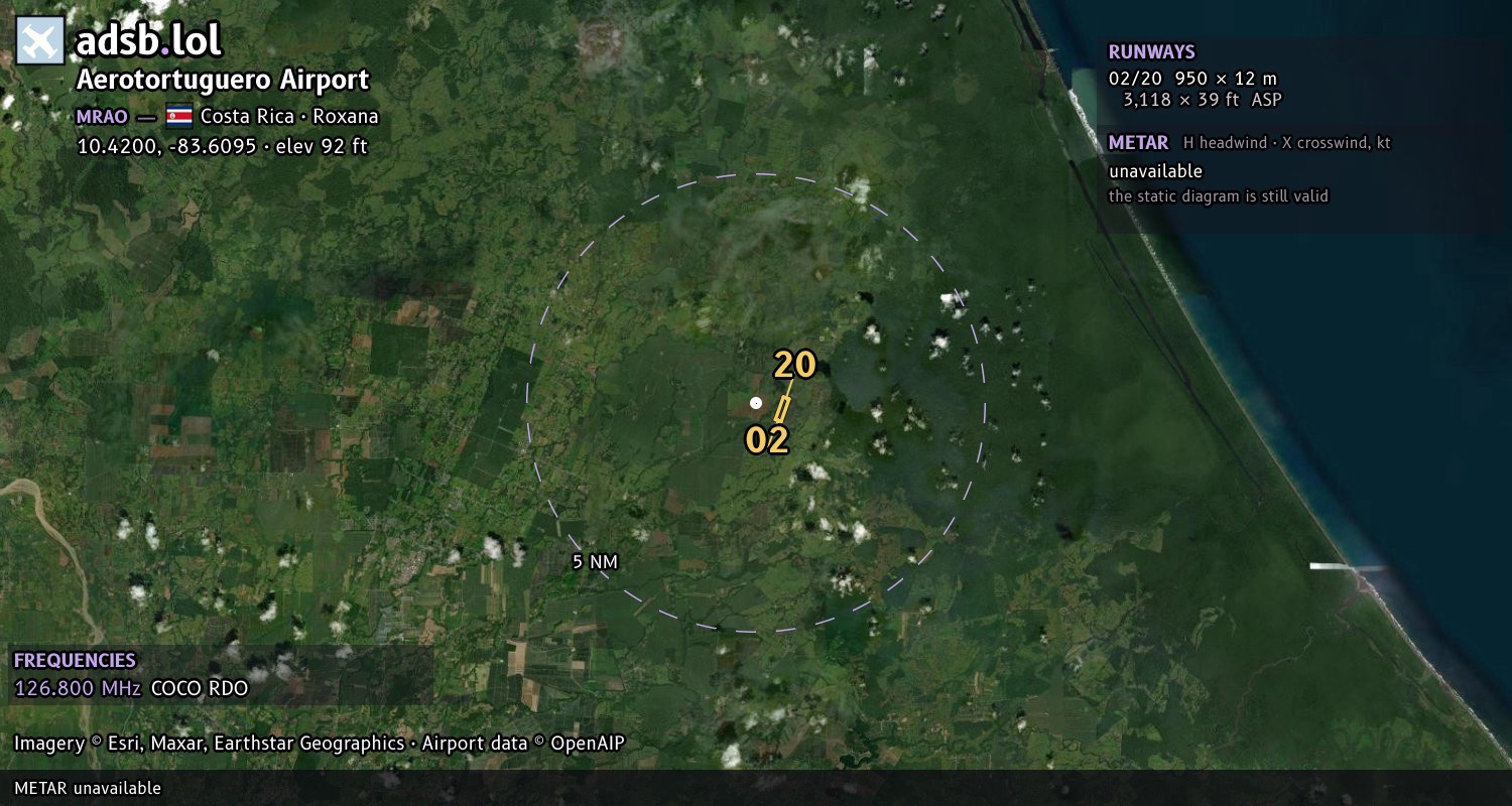 Satellite map with the runway layout of Aerotortuguero Airport (MRAO)