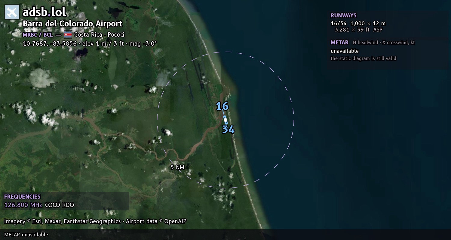 Satellite map with the runway layout of Barra del Colorado Airport (MRBC)