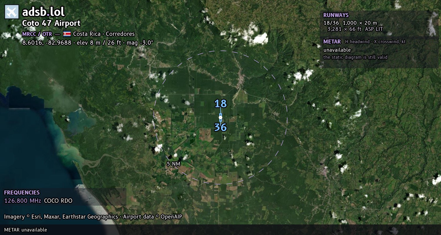 Satellite map with the runway layout of Coto 47 Airport (MRCC)