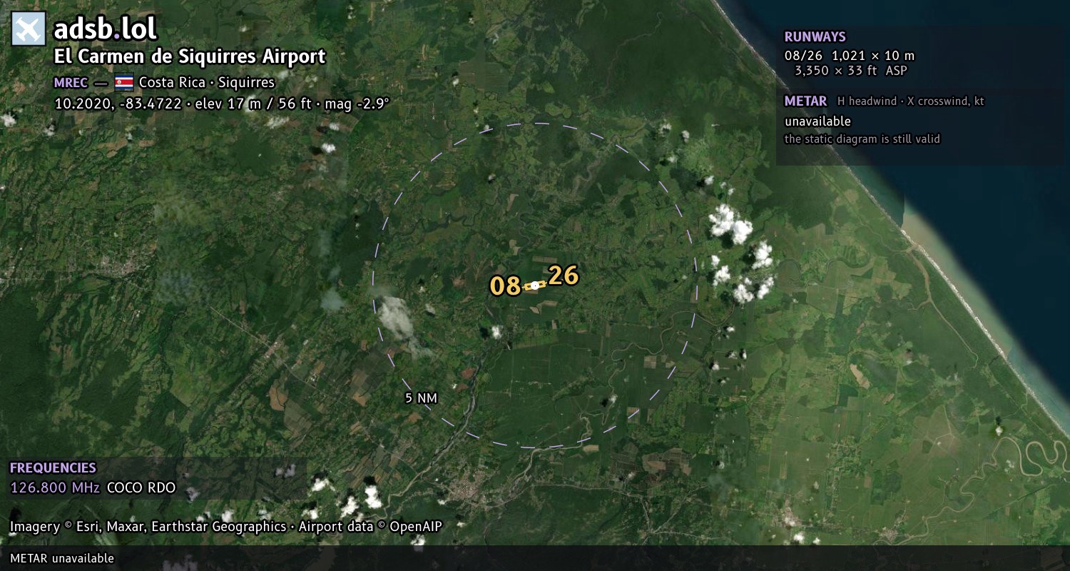 Satellite map with the runway layout of El Carmen de Siquirres Airport (MREC)