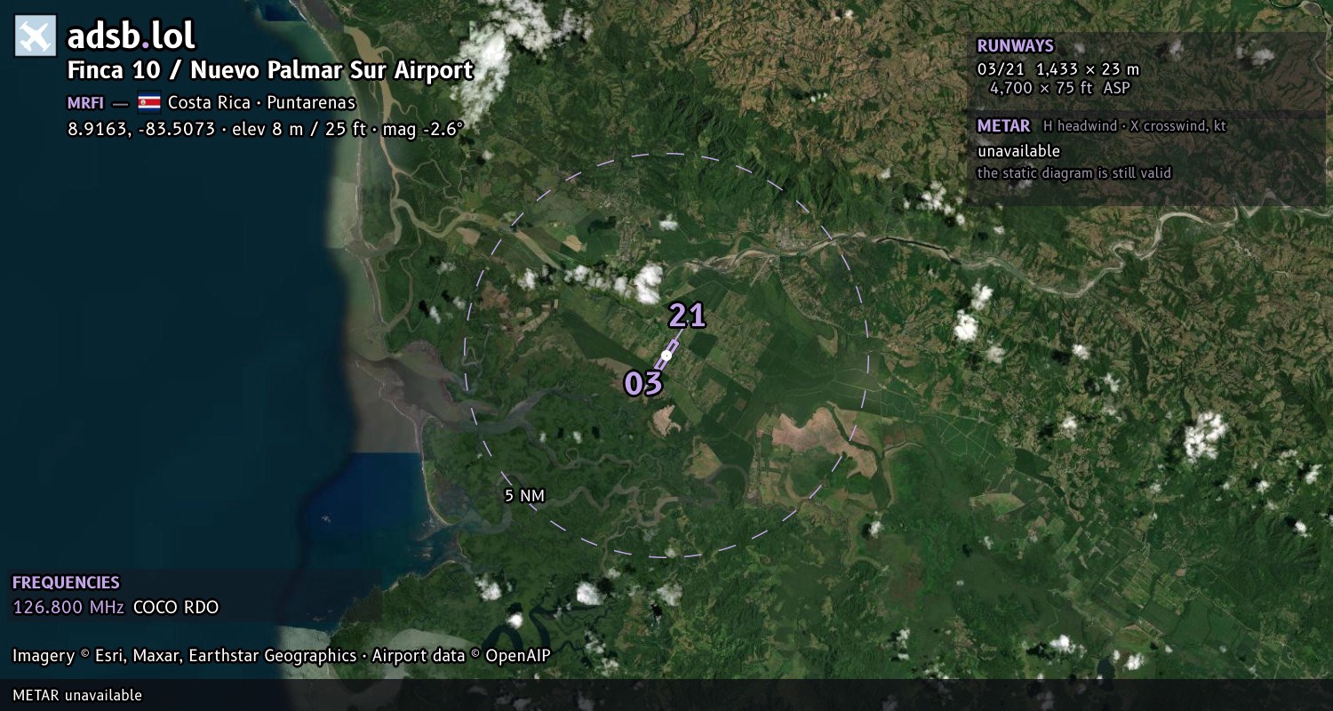 Satellite map with the runway layout of Finca 10 / Nuevo Palmar Sur Airport (MRFI)