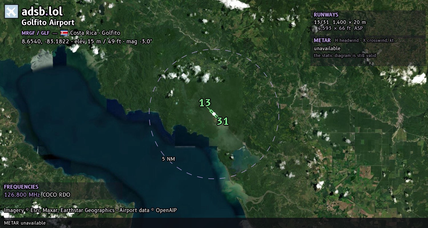 Satellite map with the runway layout of Golfito Airport (MRGF)