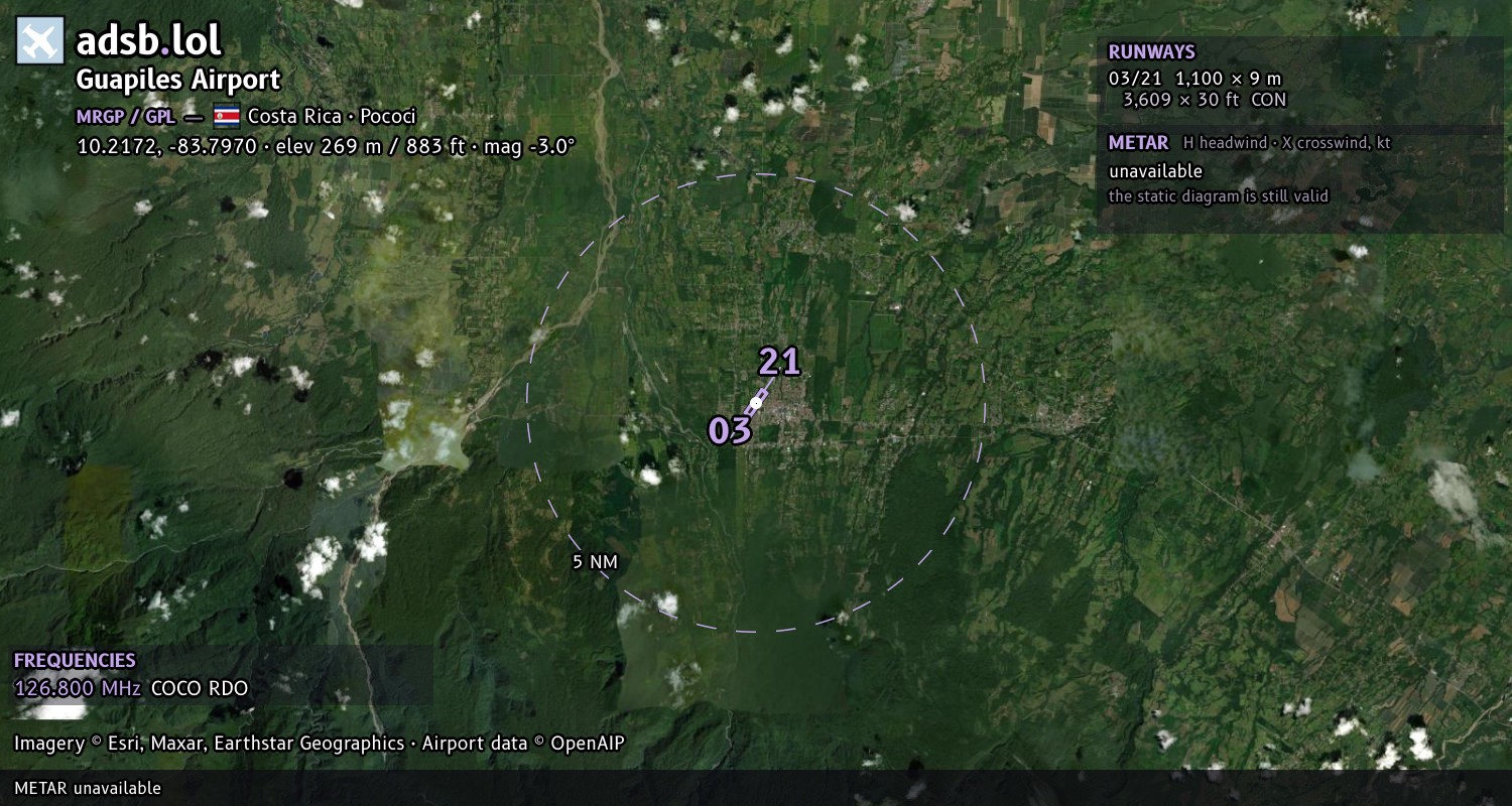 Satellite map with the runway layout of Guapiles Airport (MRGP)