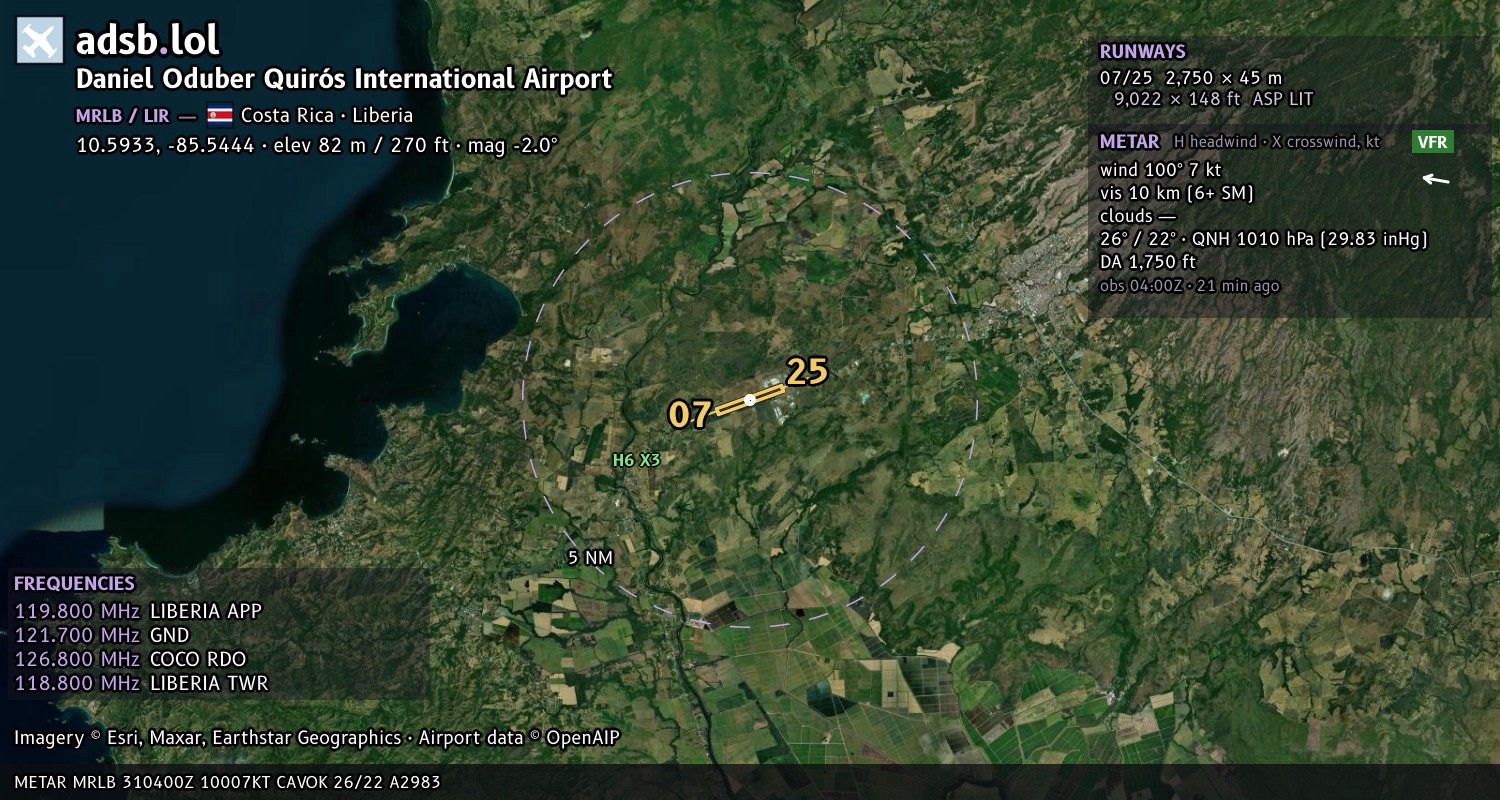 Satellite map with the runway layout of Daniel Oduber Quirós International Airport (MRLB)