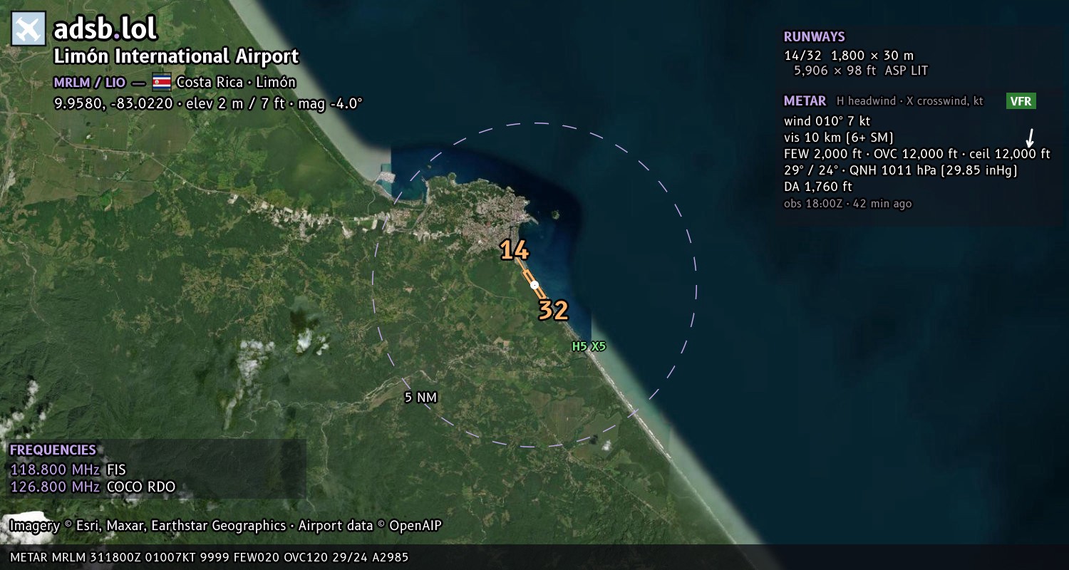 Satellite map with the runway layout of Limón International Airport (MRLM)