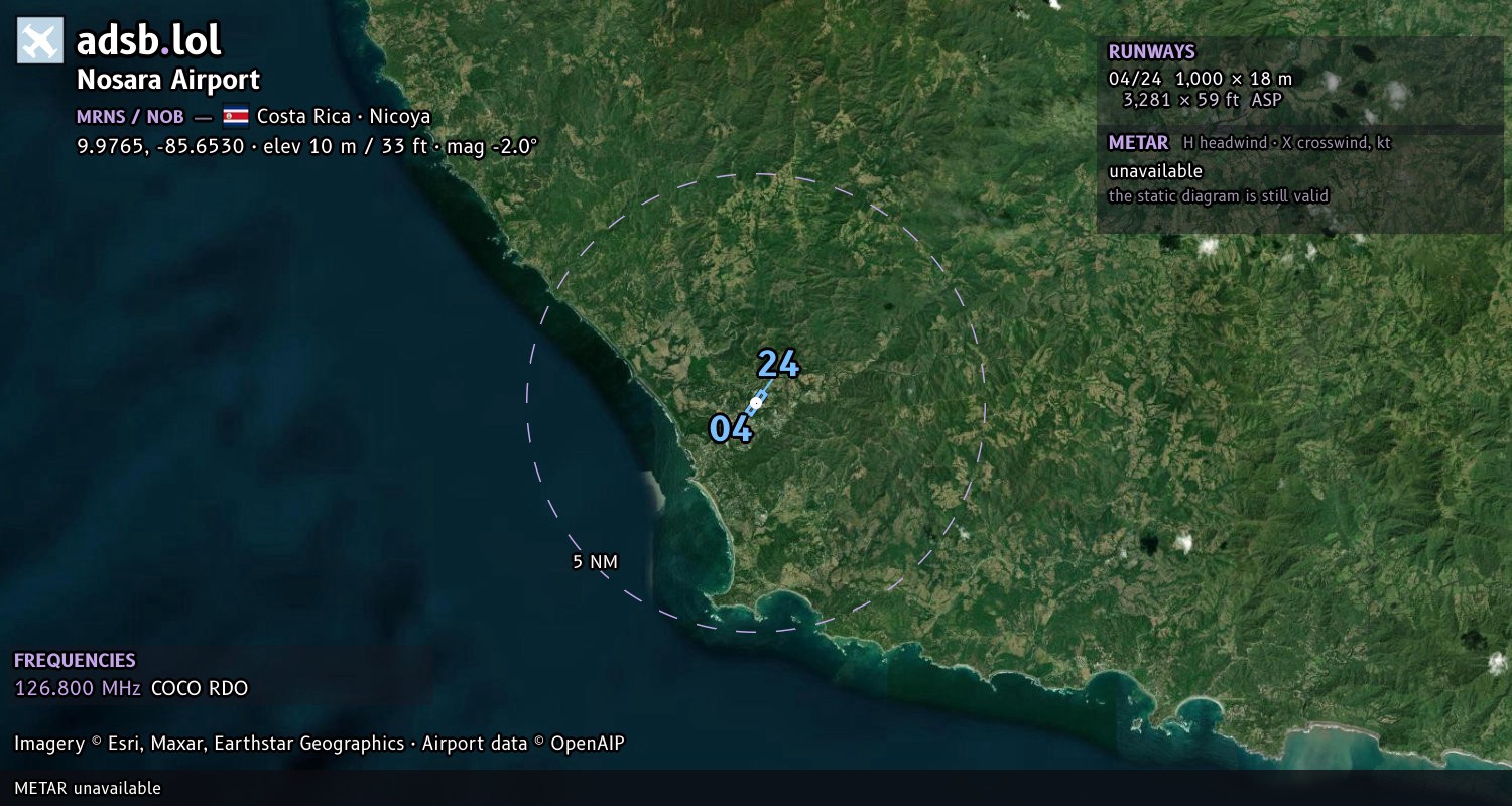 Satellite map with the runway layout of Nosara Airport (MRNS)