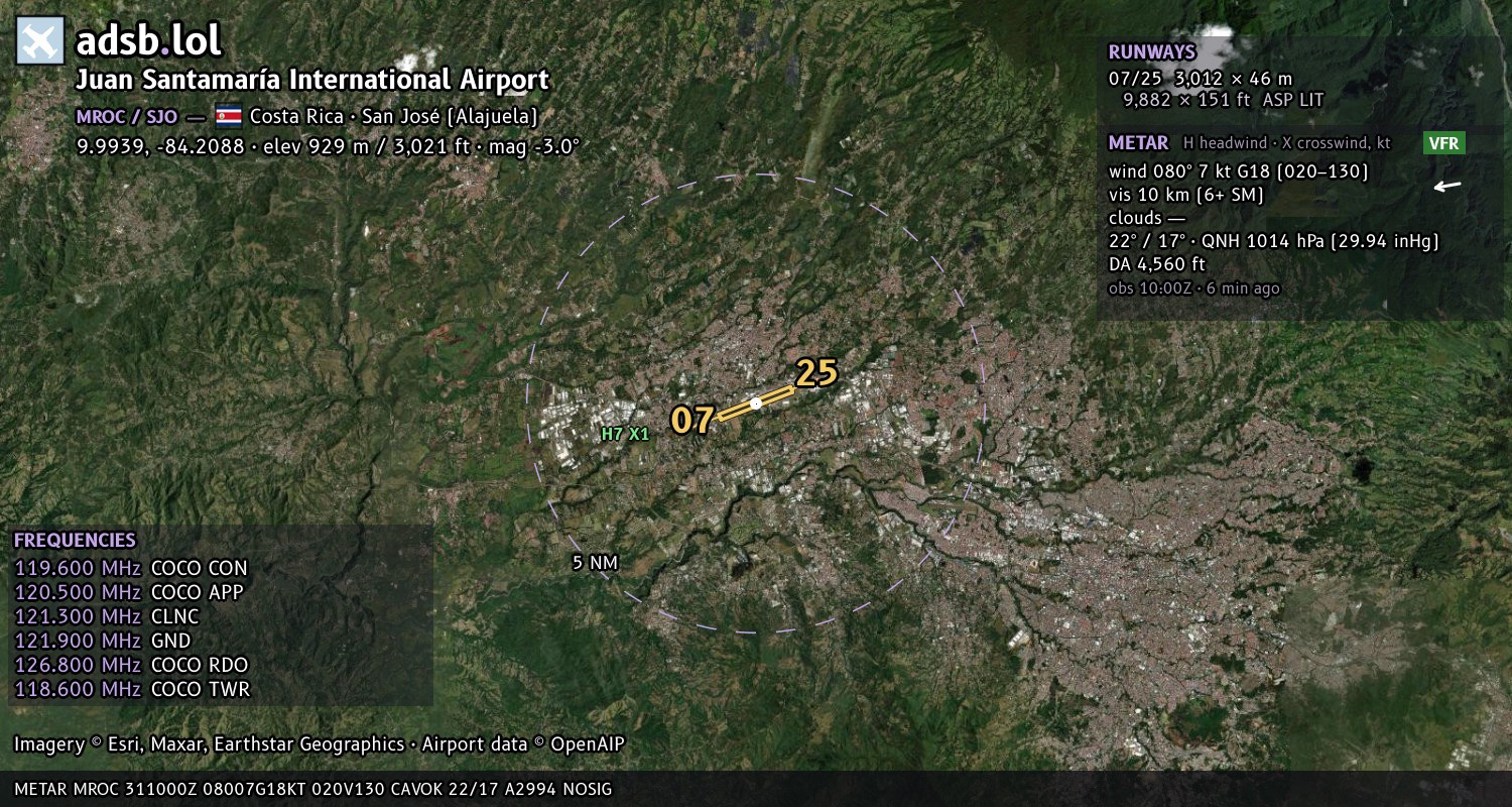 Satellite map with the runway layout of Juan Santamaría International Airport (MROC)