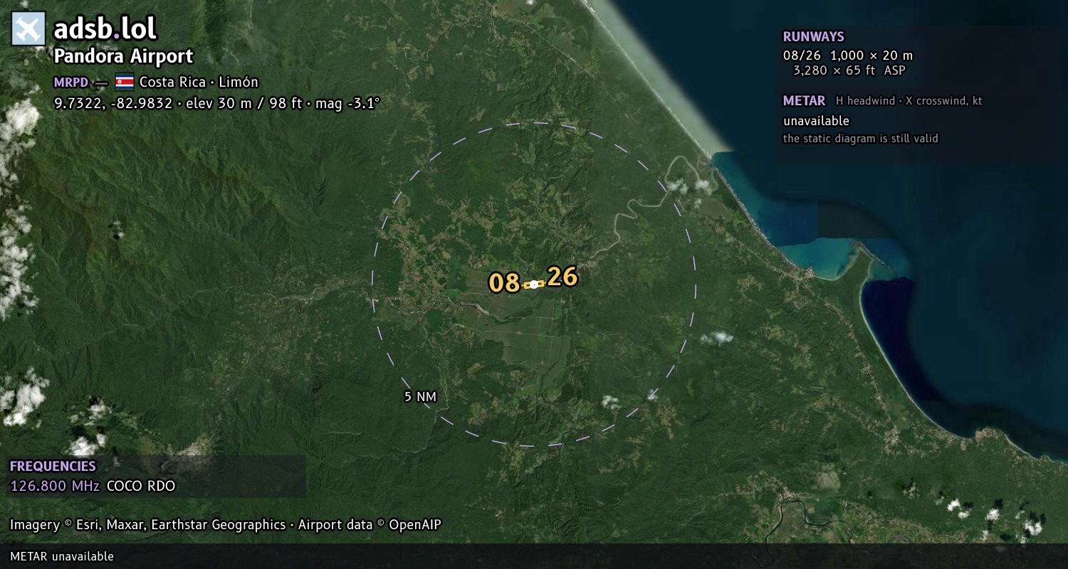 Satellite map with the runway layout of Pandora Airport (MRPD)
