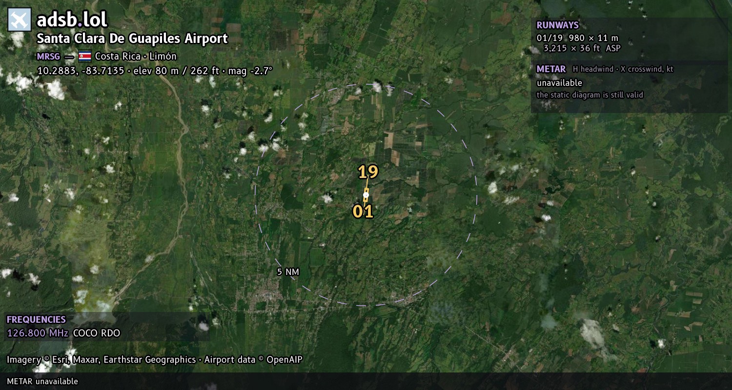 Satellite map with the runway layout of Santa Clara De Guapiles Airport (MRSG)
