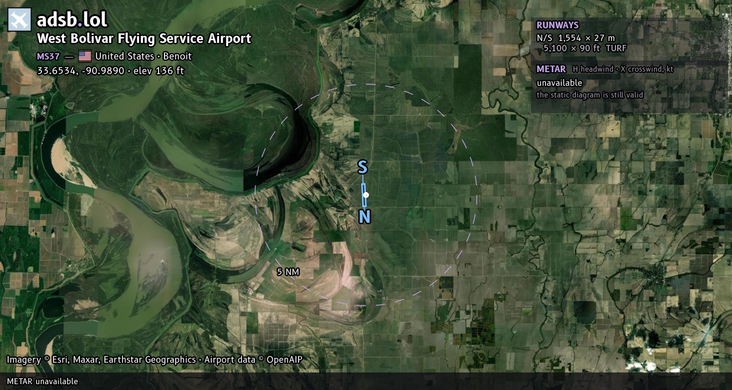 Satellite map with the runway layout of West Bolivar Flying Service Airport (MS37)