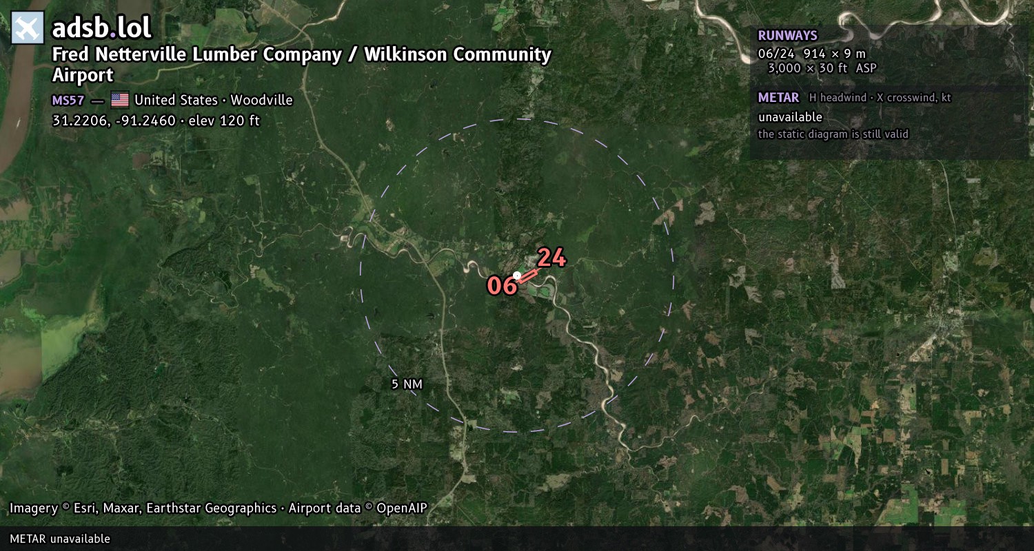 Satellite map with the runway layout of Fred Netterville Lumber Company / Wilkinson Community Airport (MS57)