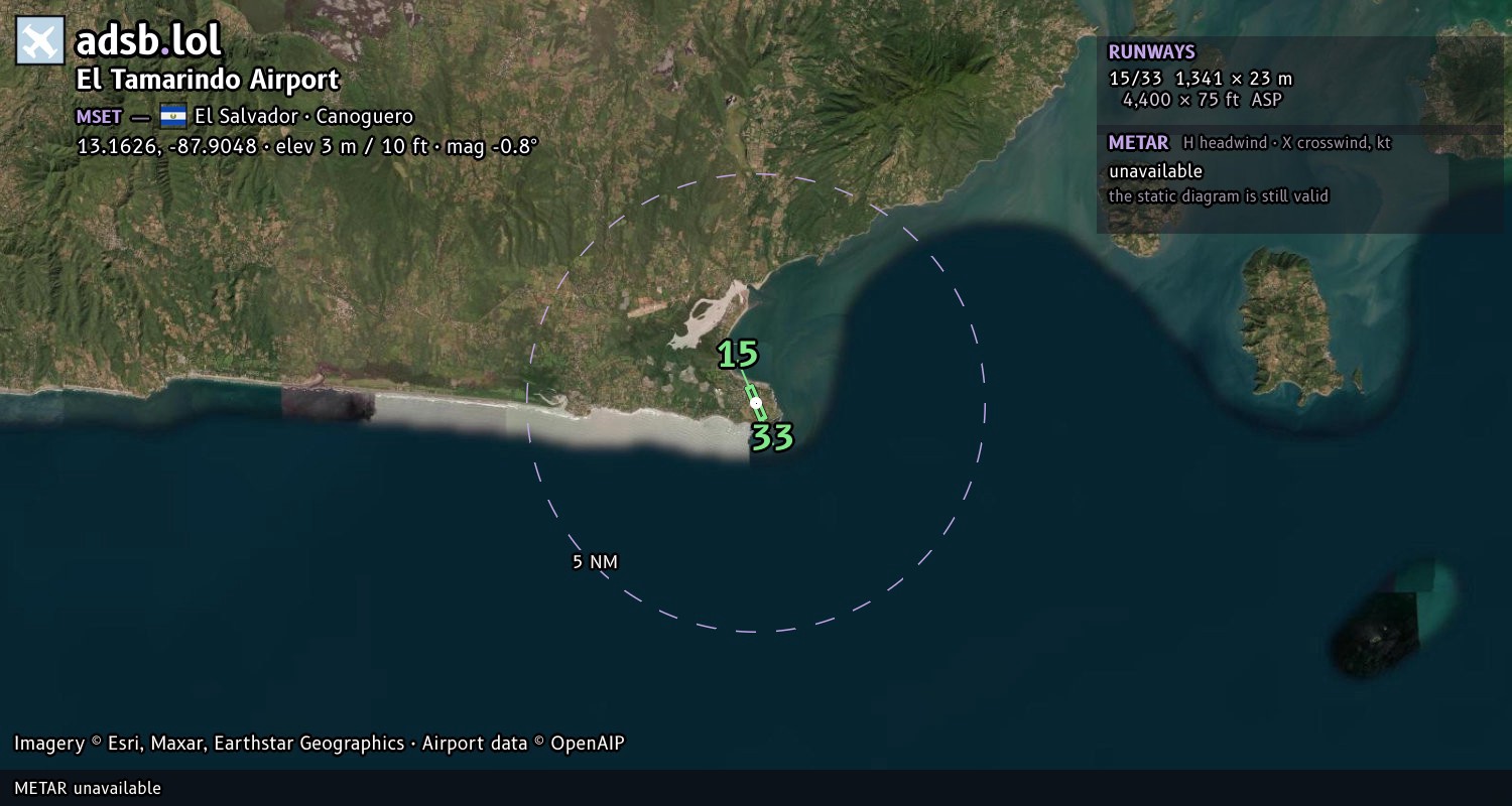 Satellite map with the runway layout of El Tamarindo Airport (MSET)
