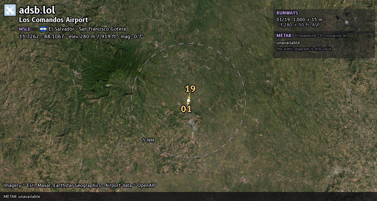 Satellite map with the runway layout of Los Comandos Airport (MSLD)