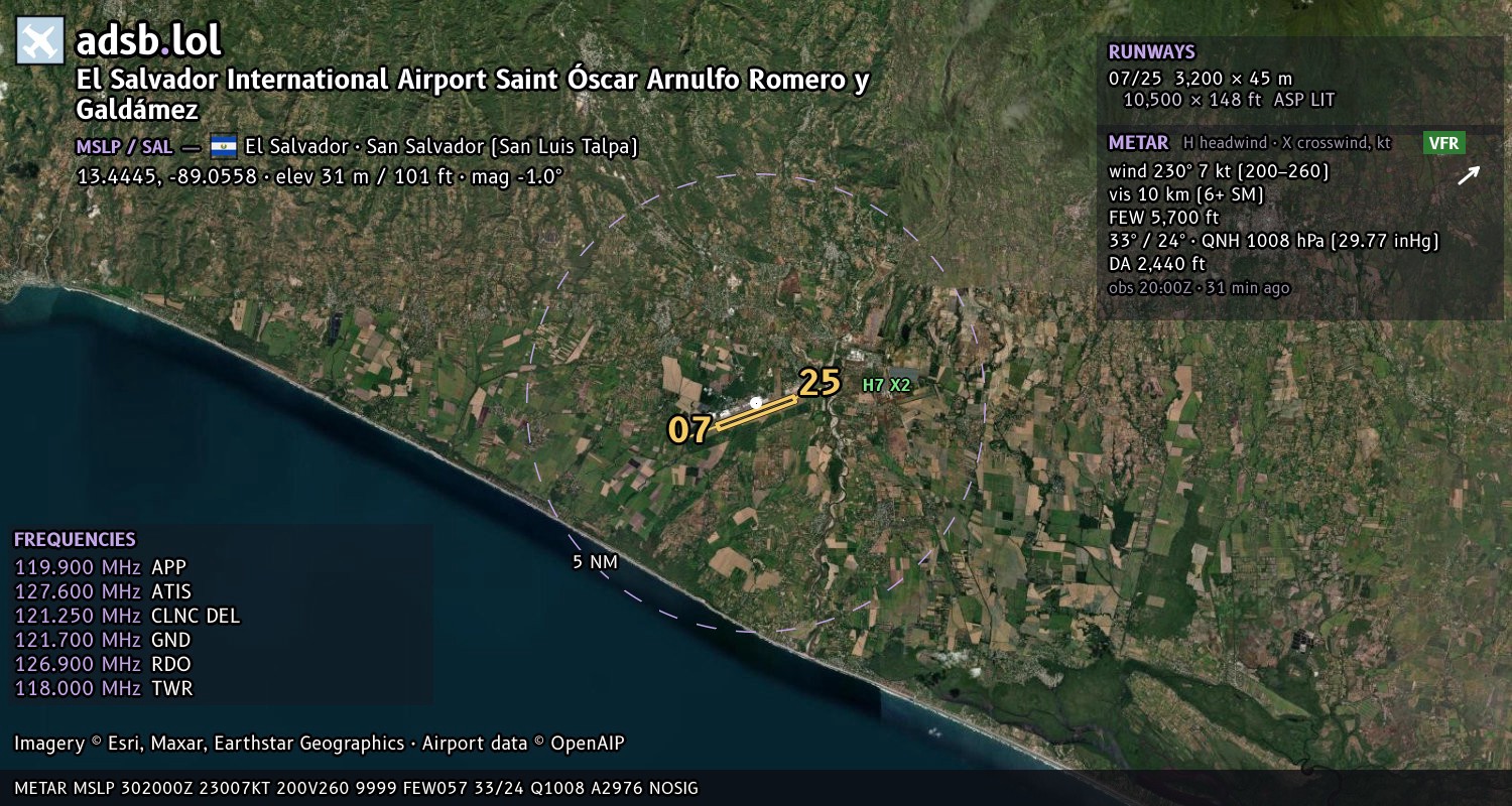 Satellite map with the runway layout of El Salvador International Airport Saint Óscar Arnulfo Romero y Galdámez (MSLP)