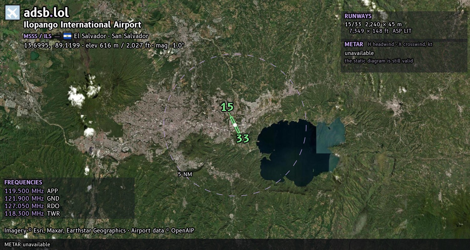 Satellite map with the runway layout of Ilopango International Airport (MSSS)
