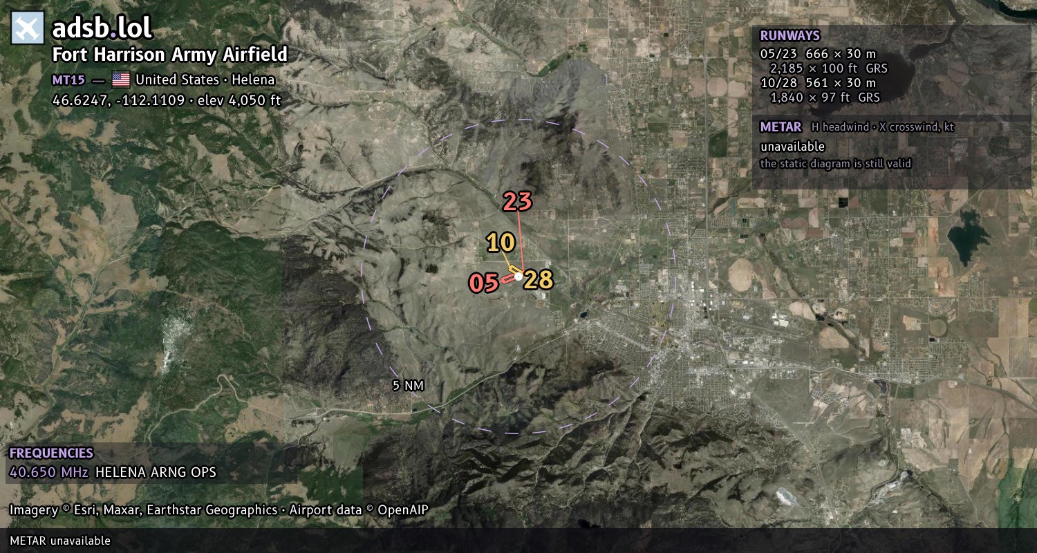 Satellite map with the runway layout of Fort Harrison Army Airfield (MT15)
