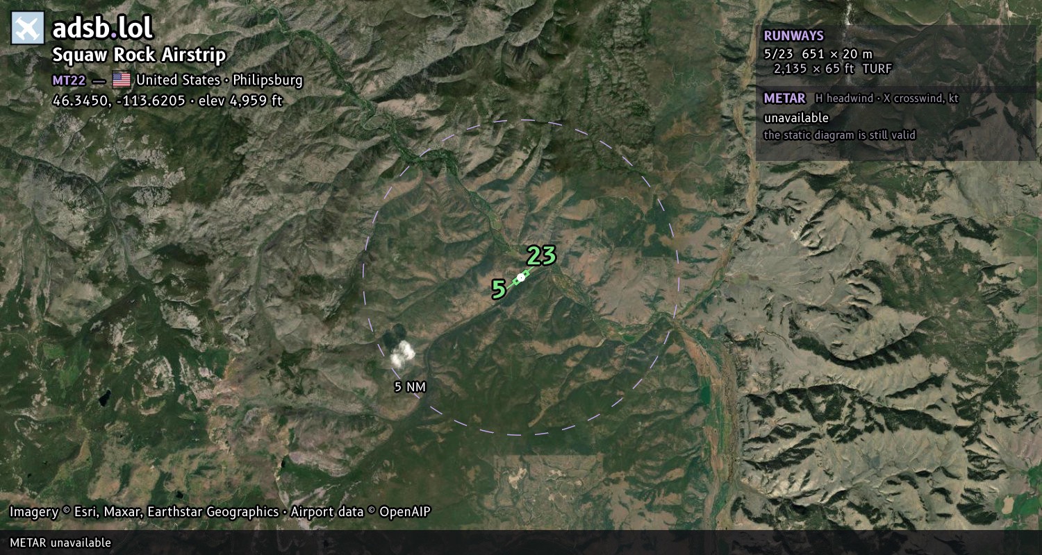 Satellite map with the runway layout of Squaw Rock Airstrip (MT22)