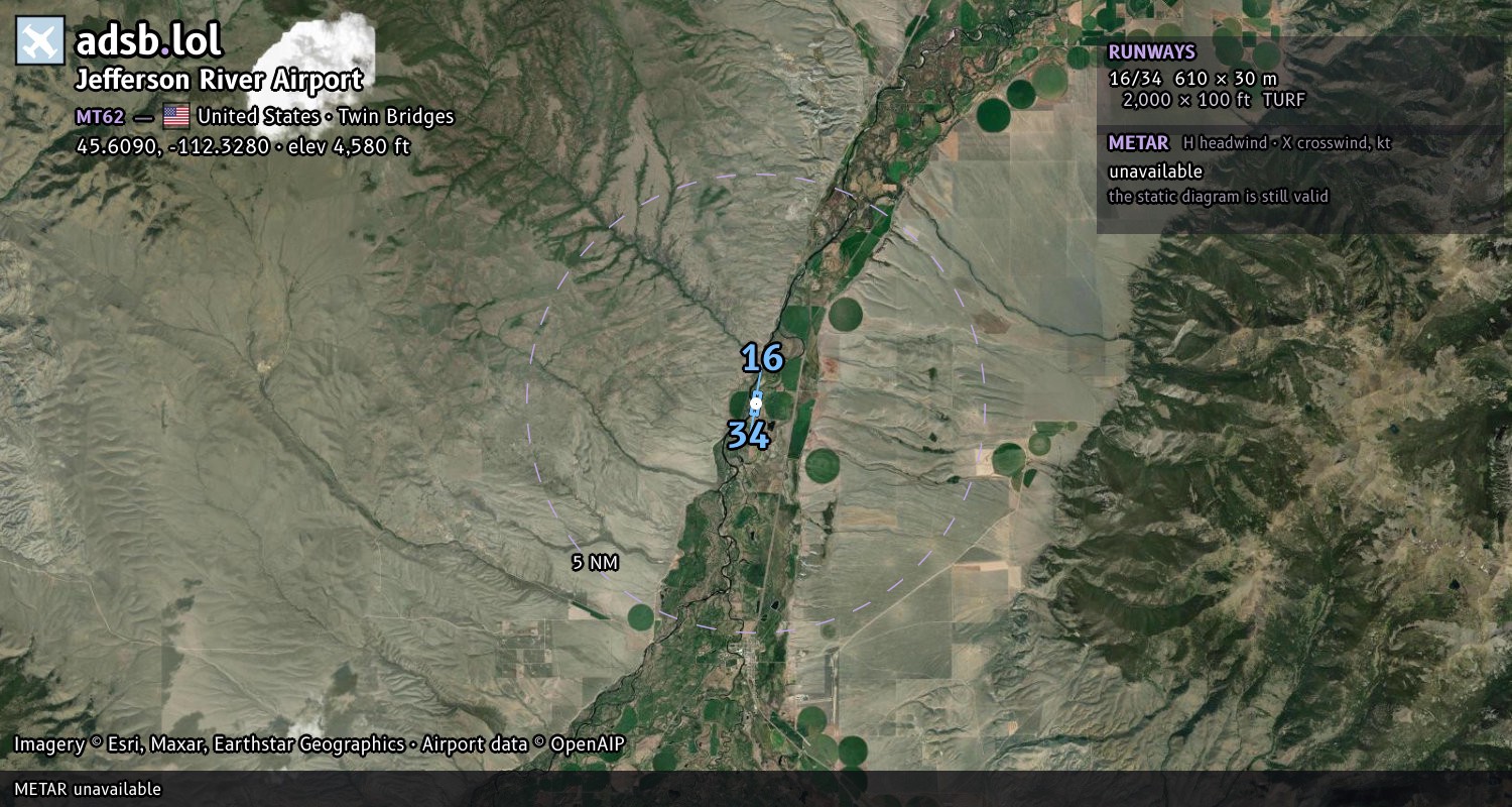 Satellite map with the runway layout of Jefferson River Airport (MT62)