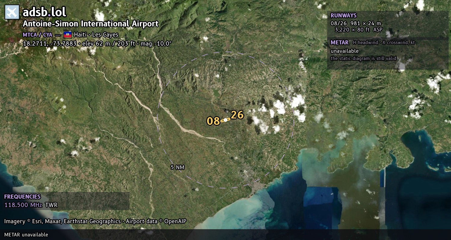 Satellite map with the runway layout of Antoine-Simon International Airport (MTCA)