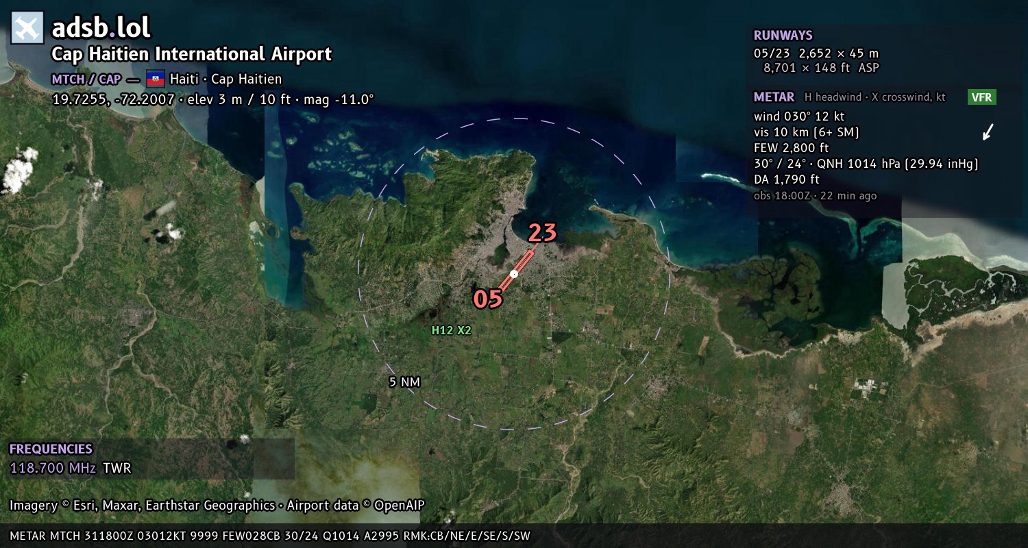 Satellite map with the runway layout of Cap Haitien International Airport (MTCH)
