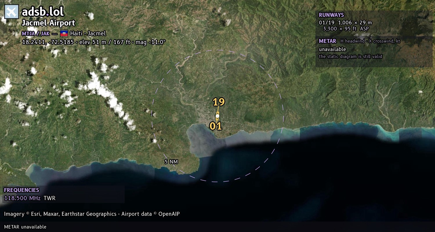 Satellite map with the runway layout of Jacmel Airport (MTJA)