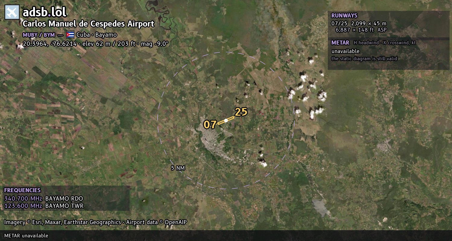 Satellite map with the runway layout of Carlos Manuel de Cespedes Airport (MUBY)